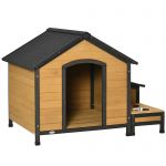 PawHut Kennel για σκύλους μεσαίου μεγέθους με 2 θήκες για μπολ, εξωτερικό κουτί και ασφαλτική στέγη, 130x93x92cm