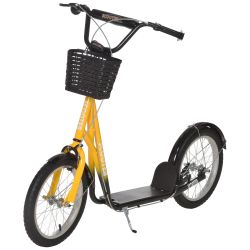 HOMCOM Scooter για παιδιά με μεγάλους τροχούς, 2 φρένα και ρυθμιζόμενο τιμόνι, καλάθι και θήκη μπουκαλιών - Κίτρινο