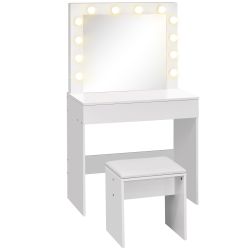 Σετ τραπεζιού μακιγιάζ Homcom με συρτάρι και σκαμπό LED 12 φώτα καθρέφτη σε λευκό ξύλο