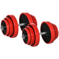 Σετ αλτήρες γυμναστικής HOMCOM με βάρη 40 κιλών με επικάλυψη από καουτσούκ, μέταλλο και άμμο σιδήρου, 45x26x26 cm, κόκκινο