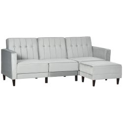 HOMCOM 3θέσιος καναπές-κρεβάτι με υποπόδιο και ανακλινόμενη πλάτη, βελούδινη ταπετσαρία και κάθισμα με επένδυση, 218x85x86 cm, ανοιχτό γκρι