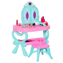 Σετ HOMCOM 32 τεμαχίων 2 σε 1 για κορίτσια 3-6 ετών, Τραπέζι μακιγιάζ με αξεσουάρ και πιάνο, 49,5x23x66 cm, μπλε και ροζ