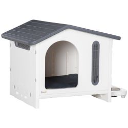 PawHut Raised Dog House με δίσκο για 2 μπολ, παράθυρα και αφρώδες μαξιλάρι, 70x64x56cm, γκρι και λευκό
