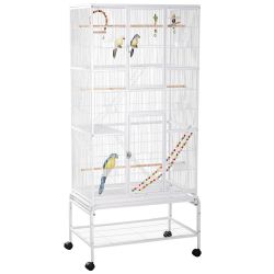 PawHut Bird Cage από ατσάλι και PP με κουρτίνες, παιχνίδια, δοχεία φαγητού και δίσκο, 83x53x180 cm, λευκό
