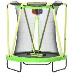 ZONEKIZ Ελαστικό τραμπολίνο για παιδιά 3-10 ετών με δίχτυ ασφαλείας, καλάθι και μπάλες, Ø140x155cm, Πράσινο