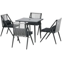 Σετ κήπου με 4 καρέκλες με μαξιλάρια και τετράγωνο γυάλινο τραπέζι φαγητού, σκούρο γκρι