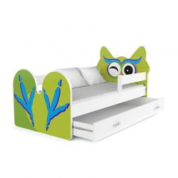 Ξύλινο Παιδικό Μονό Κρεβάτι με Στρώμα και 1 Συρτάρι 163 x 85 cm Χρώματος Πράσινο Owl SPM JAN-BED160-3-O