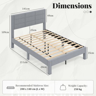 Costway Γκρι Υφασμάτινο Διπλό Κρεβάτι 200 x 140 cm HU10876GR