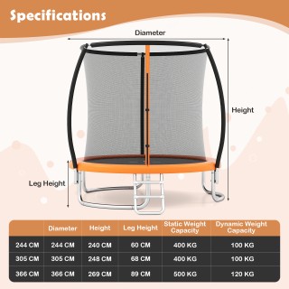 Costway  Πορτοκαλί Στρογγυλό Τραμπολίνο Κήπου Ø244cm με Σκάλα και Δ...