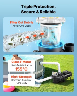 VEVOR Αντλία Πισίνας 3000W, Μέγ. Ροή 35,000 L/H, Μονοτάχυτη, AC 220...