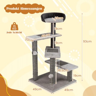Costway Πύργος Αναρρίχησης για Γάτες 5 Επίπεδων με Ύψος 93 εκ., Γκρ...