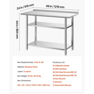 VEVOR Ανοξείδωτος Πάγκος Εργασίας 61x122 εκ. με 2 Ράφια και Πλάτη C...