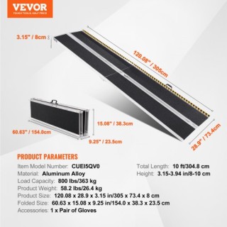 Ράμπα Αλουμινίου VEVOR 10ft, 800lbs, Αναδιπλούμενη για Καροτσάκια &... Ράμπα Αλουμινίου VEVOR 10ft, 800lbs, Αναδιπλούμενη για Καροτσάκια &...