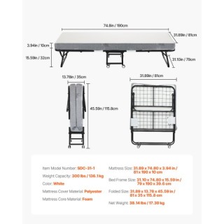VEVOR Πτυσσόμενο Κρεβάτι με Στρώμα Αφρού 4 ιντσών για Ενήλικες & Επ...