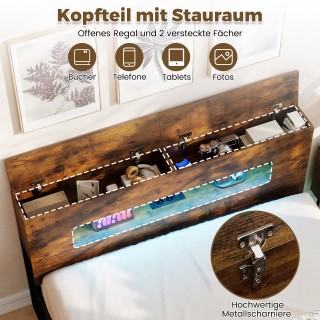 Costway Κρεβατοκάμαρα με Βιομηχανικό Σχεδιασμό και LED Φώτα, Πλατφό...