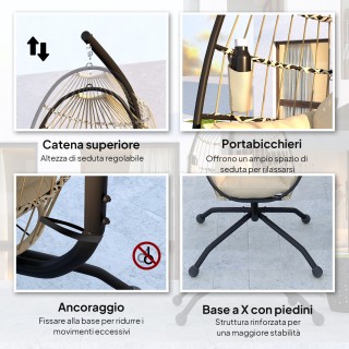 Outsunny Αιωρούμενη Καρέκλα Αυγού με Ρυθμιζόμενο Γάντζο, 2 Μαξιλάρι...