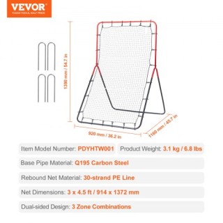 VEVOR Δίχτυ Επιστροφής Μπέιζμπολ & Σόφτμπολ 3x4.5 ft 3-σε-1 Προπονη...