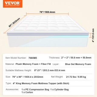 VEVOR  Επίστρωμα Στρώματος Premium Memory Foam King 1930.4 mm x 203...