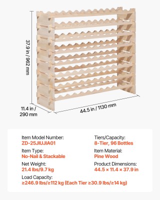 VEVOR Αποθηκευτικό Σύστημα Κρασιών 96 Φιαλών - 8 Επιπέδων από Μασίφ...