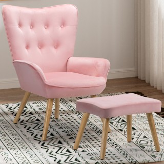 BAKAJI  Ροζ Βελούδινη Πολυθρόνα με Υποπόδιο για το Σαλόνι - Μοντέρν...