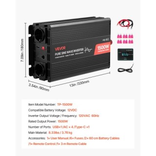 VEVOR 1500W Μετατροπέας Ισχύος Pure Sine Wave, 12V DC σε 230V AC με... VEVOR 1500W Μετατροπέας Ισχύος Pure Sine Wave, 12V DC σε 230V AC με...
