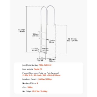 VEVOR Ενισχυμένη Σκάλα Πισίνας 4 Σκαλοπατιών με 2 Χειρολαβές, Αντοχ...