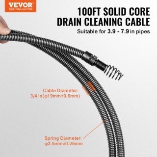 Καλώδιο Καθαρισμού Αποχέτευσης VEVOR 30m x 19mm με 4 Κόφτες για Σωλ...