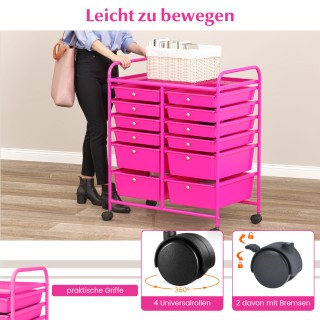 Costway Ροζ Τροχήλατος Μεταλλικός Συρταριέρας με 12 Στοιβαζόμενα Συ...