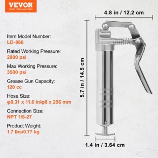 VEVOR Πιστόλι Γράσου 3500 PSI, 120 CC, με Εύκαμπτο Σωλήνα 30 cm και...