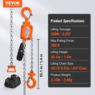 VEVOR Χειροκίνητος Ανυψωτήρας Αλυσίδας 1/4 Τόνου 250 κιλών 1.5μ  MN...