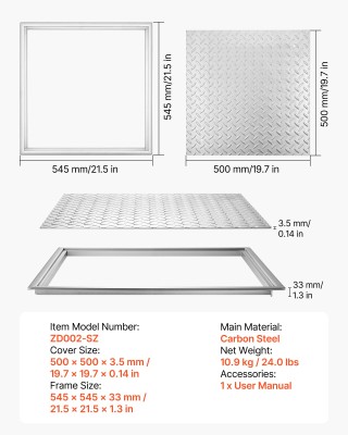 VEVOR Καπάκι Φρεατίου με Πλαίσιο, 500 x 500mm Τετράγωνο Καπάκι Ανθε...