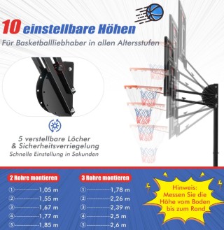 Φορητή Μπασκέτα με Ρυθμιζόμενο ύψος και Ρόδες 105-260 cm Μαύρη SP38...