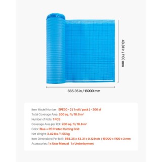 VEVOR Μπλε Υπόστρωμα Δαπέδου με Υγρομονωτικό Φράγμα 18.6 m² 3mm για...