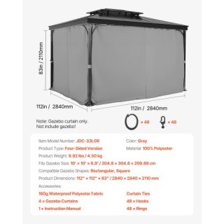 Αδιάβροχες Κουρτίνες για Κιόσκι 284 x 284 x 211 cm Γκρι  SMLTCL10FT...