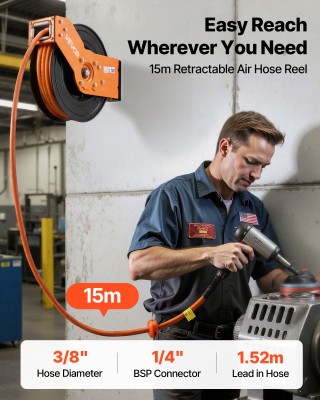 VEVOR Αυτόματο Ρετράκτορας Αέρος 15m x 9.5mm, 300PSI, Με Περιστροφή...