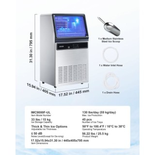 VEVOR Εμπορική Παγομηχανή, 59kg/24ωρη, Με Αποθήκη 15kg, 45 Κύβοι/Κύ...