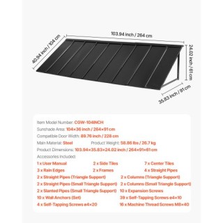 VEVOR Τέντα Παραθύρου Πόρτας 104x36 in Εξωτερική Αίθριο Ατσάλινη Τέ...