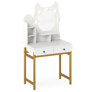 Costway Λευκή Τουαλέτα Μακιγιάζ Σε Σχήμα Γάτας με Καθρέφτη, Φωτισμό...