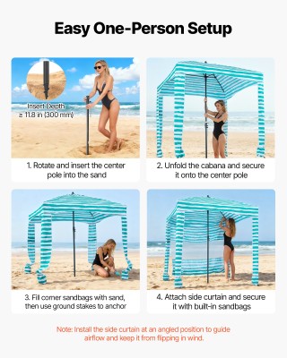 VEVOR Πράσινη Ριγέ Παραλιακή Καλύβα 1.83 x 1.83 m με Πλευρικό Τείχο...