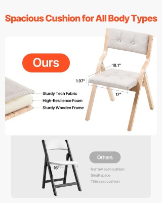 VEVOR Σετ 2 Ξύλινες Πτυσσόμενες Καρέκλες με Μαξιλάρι - Μπεζ MZHZZZD...