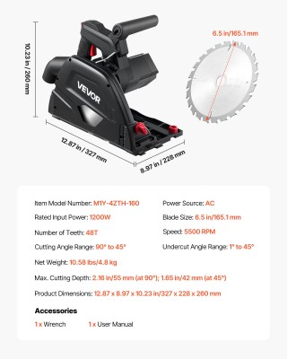 VEVOR Σετ Βυθιζόμενης Σέγας 165.1 mm με Δίσκο 48 Δοντιών, Ρύθμιση Γ...