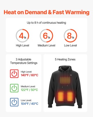 VEVOR Θερμαινόμενη Φούτερ με Κουκούλα - Unisex, Μαύρη Μέγεθος Mediu...