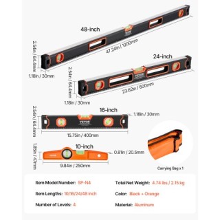 VEVOR Σετ Αλφάδι Αλουμινίου 48/24/16/10 Ίντσες με Φυσαλίδες JXSPC48...