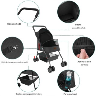 BAKAJI Πτυσσόμενο Καροτσάκι για Κατοικίδια Σκύλους και Γάτες Μαύρο ...