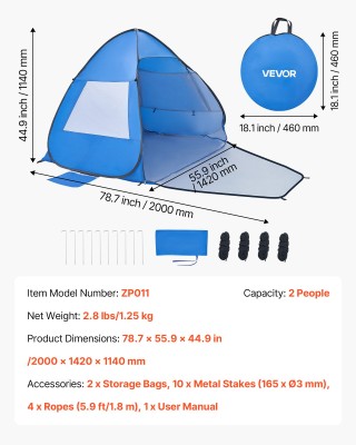 VEVOR Σκηνή Παραλίας με Αντηλιακή Προστασία UPF 50+, Φορητή για 2 Ά...