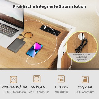 Costway Πτυσσόμενο Γραφείο με Πρίζα και Ράφια 90x55x83 εκ Φυσικό Χρ...