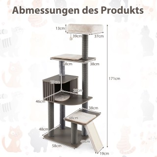 Costway Γκρι Κρεμαστό Δέντρο Γάτας με Σπίτι & Σχοινί Sisal 171 εκ. ...