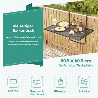 Costway Κρεμαστός Πτυσσόμενος Μεταλλικός Τραπέζι Μπαλκονιού σε Μαύρ...