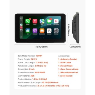 VEVOR Οθόνη Αυτοκινήτου 7 με CarPlay, Android Auto & Κάμερα Οπισθοπ...