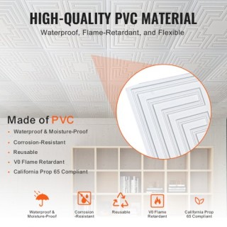 Σετ 12 Λευκών Πλακιδίων Οροφής VEVOR 24x24 εκ από PVC με Σχέδιο Ech...